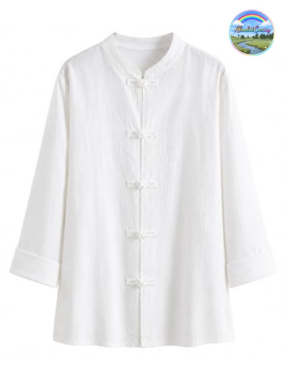 Linen Cotton Mandarin Collar Blouse Frog Button Tunic Top 3/4 Sleeve